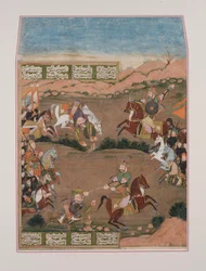 Kay-Khusrau skyder Qara Khan fra Shahnama (gouache på papir, guldudsmykning)