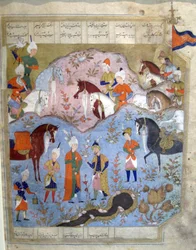 Mødet mellem Siyarvush og Afrasiyab fra Firdosi Shahnam,1565-66 (gouache med bladguld på papir)