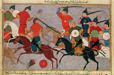 Ms Pers.113 f.49 Genghis Khan (ca. 1162-1227) i Battle, fra en bog af Rashid-al-Din (1247-1318) (gouache)