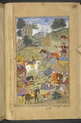 Or.12076 f.23v Guden Agni, der skabte ilden for at hjælpe sin svigerfar Raja Niladhvaja fra Malwa, mens Arjuna slukker flammerne med magiske pile, som frembragte vandkilder (Ahmad Kashmiri) fra 