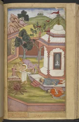 Or.12076 f.90v Candrahasa, der ofrer sig selv ved Candikas tempel ved at skære stykker af sit eget kød af og sætte dem på ilden (Qabil ibn Maqbul) fra 