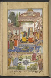 Or.12076 f.95r Krishna fortæller Bhima om Arjunas bedrifter, som kvinderne også lytter til (Banwari Khurd) fra 