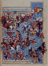 Eller 5736 fol.122v Slaget mellem Timur (1336-1405) og Tuqtamish Khan i 1395, fra 