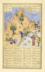 Persisk 239 fol.313b Iskandar trøster den døende D?r?, illustration fra Shahnama (Kongenes Bog), af Abul-Qasim Mansur Firdawsi (c.934-c.1020), 1444