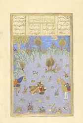 Persisk 239 fol.67b Suhr?b dræbt af Rustam, illustration fra Shahnama (Kongernes Bog), af Abul-Qasim Mansur Firdawsi (c.934-c.1020), 1444
