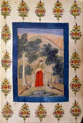 Persisk kunst: dame med to blomsterhalskæder, som hun præsenterer, har to påfugle. Persisk miniature