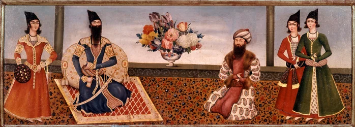 Den persiske kong Fath Ali Shah (1771-1834) omgiver medlemmer af sit hof Maleri af Shiraz-skolen (Shiraz) (1800-tallet) Teheran, Foroughi-samlingen