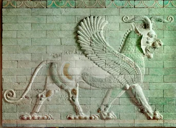 Persisk akhæmenidisk periode, Iran: lavt relief i emaljerede mursten med en grif. Fra Dareios I