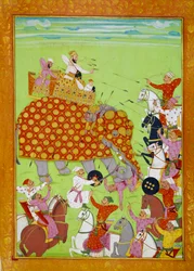 Repræsentation af Murad (Mourad) Baksh (1624-1661), søn af Mughal-kejser Shah Jehan (eller Shah Jehan, Shahjehan), der kæmper på en elefant. Persisk miniature af det 17. århundredes Paris, B.N.