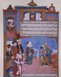 Rumi tilbyder sit bælte til en tigger i slutningen af det 16. århundrede