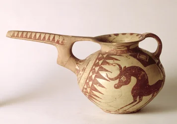 Udsprøjtet kar med dekorative mønstre, der symboliserer solen og månen, fra Sialk, Iran, 1. årtusinde f.Kr. (ler)