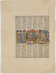 Sudaba fremsætter beskyldninger mod Siyavush, fra en Shahnama (Kongebogen) af Firdawsi (d.1020) (ugennemsigtig akvarel, blæk, guld og sølv på papir)