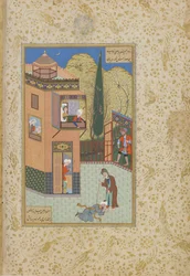 Muriden kysser Pirs fødder, folio fra en Haft awrang (Syv troner) af Jami (d.1492) sandsynligvis Mashad, Khurasan, Iran, Safavid-dynastiet, 1556-1565 (blæk, uigennemsigtig akvarel og guld på papir)