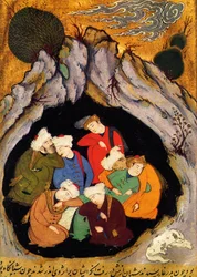 "De sovende syv fra Efesos"" fra "Den gyldne legende" af Jacobus (James) de Voragine (1228-1298). Xilografi fra det XVI århundrede. Persisk miniature fra det 16. århundrede af manuskriptet "Profeternes historie", omkring 1550