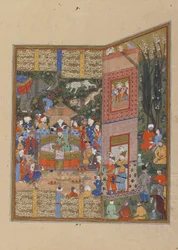 Salm og Turs udsendinge før Faridun, ca. 1560 (ugennemsigtig akvarel, blæk og guld på papir)