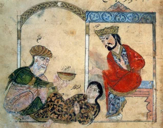 Den uvidende læge og kongens datter. Miniature fra "" Kalila af Dimna (Kalila og Dimna)"" (Folio 78), østlig fabel 1200-1220? .... Oversat af Ibn al-Mukaffa BN, Paris
