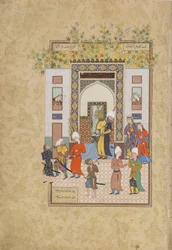 Det spæde vidne vidner om Yusufs uskyld, folio fra en Haft awrang (Syv troner) af Jami (d.1492) sandsynligvis Mashad, Khurasan, Iran, Safavid-dynastiet, 1556-1565 (blæk, uigennemsigtig akvarel og gol)