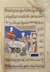 f.83v Tilberedning af slik til sultanen af Mandu, fra et manuskript om indisk madlavning (vellum)