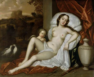 Portræt af Nell Gwynne (1650-87) som Venus, med hendes søn, Charles Beauclerk (1670-1726), som Amor (olie på lærred)