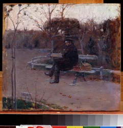 På Boulevarden (På Boulevarden). En mand alene, der sidder på en bænk i kulden, tæt på ham, en rygsæk og en værktøjskasse. Maleri af Pyotr Alexandrovich Nilus (Pierre Nilous) (Nilouss) (1869-1940/1943), olie på lærred