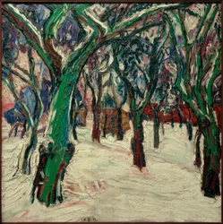 Vinterbillede med bondehuse (Parkweg om vinteren)
