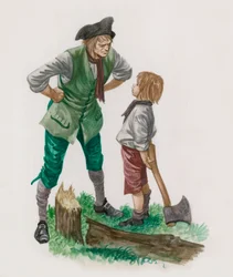George Washington, efter at have fældet kirsebærtræet, sammen med sin far