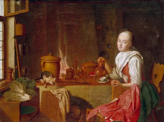Dame i sit køkken En ung kvinde sidder på en kop kaffe foran pejsen. Maleri af Peter Jacob Horemans (1700-1776) (ec.flam.) 1700-tallets München. Alte Pinakothek