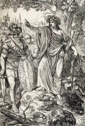 Germanicus kampagner: "" Nero Claudius Drusus Germanicus (38-9 f.Kr.) og hans hær møder en ung kvinde i regionerne mellem Weser- og Elben-floderne omkring 12 f.Kr." (Erobringen af Germanien: romangeneral Nero Claudius Drusus Germanicus og hans hæren når t