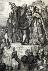 Fejringen af den første Føderationsfest den 14. juli 1790 ved Fædrelandets Alter på Marsmarken i anledning af etårsdagen for stormen på Bastillen: Kong Ludvig XVI, omgivet af sin familie, aflægger ed på forfatningen