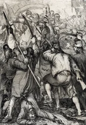 Den Franske Revolution: den bevæbnede og rasende folkemængde trænger ind via vindebroen og myrder garnisonen og guvernøren under stormen på Bastillen