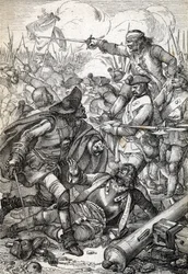 Store Nordlige Krig: "" Slaget ved Poltava (eller Pultawa) mellem Armee af Peter I af Rusland og tropperne fra Charles XII af Sverige, 8/07/1709"" (Den Store Nordlige Krig: Slaget ved Poltava, 8. juli 1709 ) Fjertegning fra “” Historische Memorabilian des