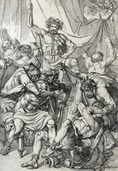 Heptarkiet: fremstilling af den angelsaksiske leder Hengist (5. århundrede), der dræber sine fjender for at grundlægge kongeriget Kent, cirka 461 (Det saksiske heptarki: den angelsaksiske leder Hengist (eller Hengest) dræber sine fjender under invasionen