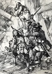 Kong Charles (eller Carl) XII af Sverige (1682-1718) forsvarede mod tyrkerne i Bender (Bendery) februar 1713, Moldaie (forvist kong Charles (Carl) XII af Sverige forsvarede mod pøbelen og de osmanniske janitsjarer, Bender, februar 1713 ) Tegning af en kugl