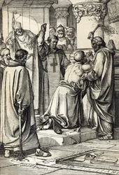 Kong Henrik II af England (1133-1189), indblandet i mordet på Thomas Becket, gør bod ved ærkebiskoppens grav