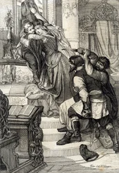 Moskva-oprøret i 1682 (ophævelse af streltsyen i 1682): Tsarina Natalia Narychkina beskytter sin søn prins Peter (1672-1725) mod angreb fra streltsyerne (strelets), Rusland (Moskva-oprøret i 1682 eller streltsy-oprøret: Tsarrysh-protesten Natalia Natalia