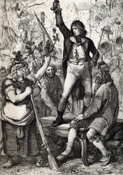 Den Franske Revolutions udbrud i 1789: den forsamlede befolkning opfordres til at vælge farven på en kokarde og gribe til våben