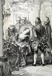 Dronning Caroline Mathilde af Danmark (1751-1775), tvunget til at underskrive skilsmissedokumenterne efter sit udenomsægteskabelige forhold i 1772. Pennetegning