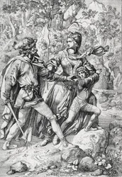 Dronning af England Margaret af Anjou (1430-1482) og hendes søn Edward reddet af en røver under deres flugt efter yorkisternes triumf