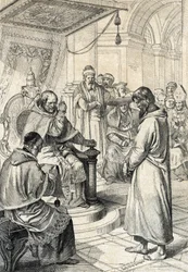 Queril of the investitures, Canossas anger: I Canossa beder kejser Henrik IV af Det Hellige Romerske Rige (1050-1106) i angrende dragt om tilgivelse fra pave Gregoire VII (Hildebrand: 1015/20-1085) og gør ærefuldt bod på det i januar 1077 " (Væggen