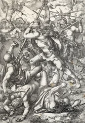Fremstilling af erobreren Pelagius (Pelagius eller Pelayo) (død 737), konge af Asturien, triumferende over saracenerne, 719, Covadonga, Spanien (kong Pelagius af Asturien, vestgotisk adelsmand, som grundlagde kongeriget Asturien, i kamp mod maurerne, 719