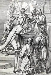 Repræsentation af Saint Augustine af Canterbury (død 604), sendt til England af pave Gregoire den Store i 596 for at omvende angelsakserne - Han er her før Ethelbert, angelsaksisk konge af Kent (552? -616), som han døbte i 597 (Augustin, første biskop o