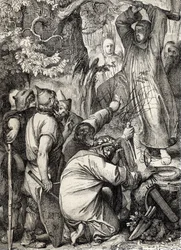 Repræsentation af den hellige Bonifatius af Mainz (680-754), der fælder Thors eg for at overbevise druiderne om, at det ikke er et helligt træ (Saint Boniface (Bonifacius), der ødelægger Thors eg (Donar eller Joves eg) af de germanske hedningers hellige tr