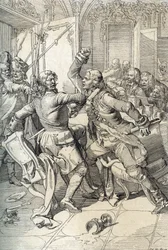 Streltsy-oprør: arrestation af medlemmer af streltsy-regimenter (strelets) efter deres ophævelse i 1698 mod progressive innovationer fra tsar Peter den Store, Rusland (Streltsy-opstand: mistænkte medlemmer af Moskvas Streltsy-regimenter arresteret efter St