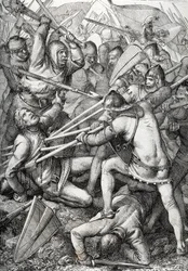 Slaget ved Sempach udkæmpede den 9. juli 1386 mellem Leopold III, hertug af Østrig og det gamle schweiziske forbund, og tegnede en pen tegnet fra "Historische Memorabilian des In-und Auslandes" (historiske minder) af Anton Ziegler