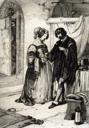 Greven af Essex Robert Devereux (1565-1601) dømt til døden for forræderi overrakte Elizabeth Howard, grevinde af Nottingham og æresdame af Elisabeth Iere af England, et ringløfte om hendes loyalitet over for dronningen