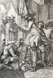 Anholdelsen af Karl af Østrig (1545-1568) (Don Carlos), søn af Filip II af Spanien i 1568 af hans fars mænd (Carlos, prinsen af Asturiens ældste søn og arving efter kong Filip II af Spanien, fængslet af hans far i begyndelsen af 1568) Tegning af en kuglepe