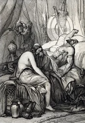 Hunnekongen Attilas (395-453) død i søvne på sin bryllupsnat med germaneren Ildico, 453 (Attilas, hunnernes herskers, død på hans bryllupsnat, hans brud Ildico græder over hans lig, 453) Fjertegning efter «Historis»
