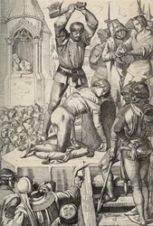 Henrettelsen af Konradin (eller Konrad af Hohenstaufen), konge af Sicilien og hertug af Schwaben (1252-1268), på ordre ved Karl af Anjou efter slaget ved Tagliacozzo i 1268 (Henrettelsen af Konradin eller Konrad den Yngre, den sidste stauferkonge af