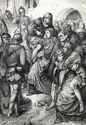 De trofaste kvinder fra Weinsberg: hustruerne til soldaterne, der blev besejret ved belejringen af Weinsberg ved Konrad III af Hohenstaufen i 1140, bærer deres mænd på ryggen, Tyskland (De loyale hustruer under belejringen af Weinsberg)