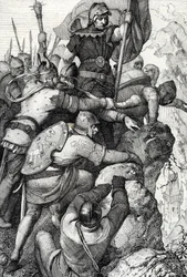 Tropperne fra Othon I af Baviere (1117-1183) nær Verona i Italien 1155 (Otto I, hertug af Bayern og hans hær nær Verona, Italien 1155) Fjertegning fra "Historische Memorabilian des In-und Auslandes"" (Historiske souvenirs) af Anton Ziegler